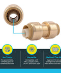 Half Inch Brass Push To Connect Coupling Ten Pack No Fuss Fit For PEX Copper CPVC PERT HDPE Plumbing Fittings Easy To Install In Tight Spaces Ideal For Quick Home Plumbing Repairs, front view of a brass fitting