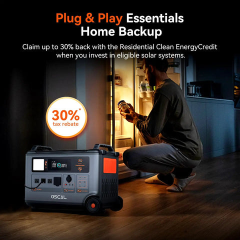 Massive Portable Power Station With LiFePO4 Battery And 6000W AC Output Solar Generator used for home backup near a refrigerator.