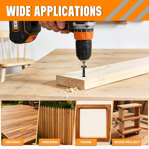 Drilling Size 14 Lag Screws 100 Pack For Outdoor Wood into wooden beam, focusing on structural deck and framing, rust-resistant black finish.