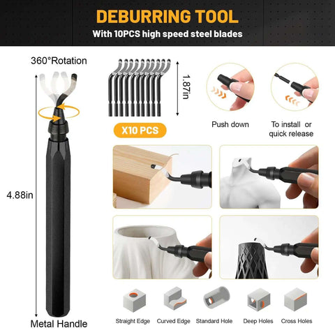 Ultimate All In One 63 Piece 3D Printing Tool Kit deburring tool with metal handle and 10 high-speed steel blades