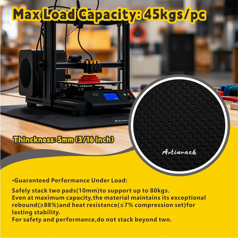 Ultra Light High Rebound Anti Vibration Pads under CNC machine, 22x22 inch, showcasing load capacity and thickness details.