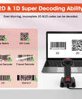 2D Industrial Barcode Scanner With Stand And Wireless Charging Base, Hands Free Operation displayed by laptop and codes