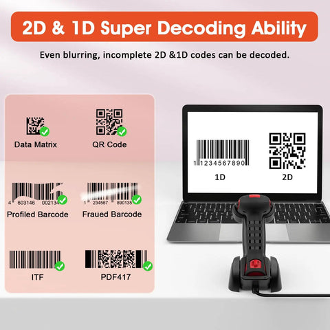 2D Industrial Barcode Scanner With Stand And Wireless Charging Base, Hands Free Operation displayed by laptop and codes