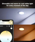 Smart Recessed 5/6 Inch LED Downlight White Ambiance dimmable warm to cool light with app control interface displayed on phone