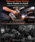 Comparison of balanced body design portable welder in use vs. traditional top-heavy welder for stable handling.