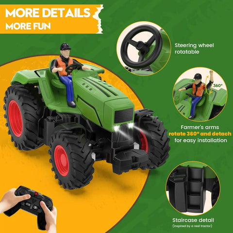 Remote Control Tractor Toy for Kids 3 to 5, RC tractor with farmer figure and rotatable steering wheel, 1 to 24 scale, rechargeable