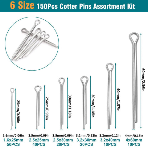 Cotter Pins 150-Piece Assortment Kit With 6 Sizes In A Durable Portable Case, Heavy Duty 304 Stainless Steel illustration