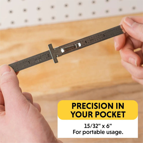 Hands holding 6 Inch Flex Precision Stainless Steel Ruler With Chrome Finish, Pocket Clip Depth Gauge, Easy Read Etched Measurements.