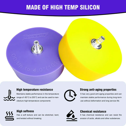 Silicone Purge Plugs Kit For Pipe Welding 0.9 To 4.0 Inch Back Purging Set, purple and yellow plugs with text details