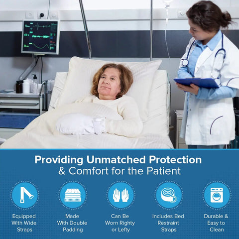 Patient in hospital bed wearing Double Security Mitts For Hand Restraint In Healthcare With Extra Padding, doctor nearby.