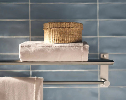 Brushed Nickel 24 Inch Modern Bathroom Towel Storage Shelf With Towel Bar - Hotel Style Wall Mount Organizer with towel and basket