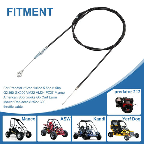 75 Inch Heavy Duty Universal Throttle Cable Kit For Predator 212cc 196cc GX160 GX200 VM22 VM24 Engines, images of compatible vehicles.