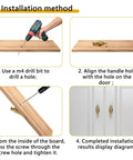 Installation steps for 2 Pack Vintage Bird Cabinet Knobs in Brass Gold Finish on wood panel, includes drilling and screwing steps.
