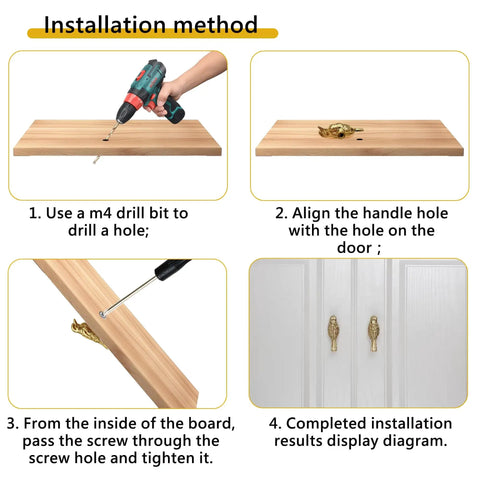Installation steps for 2 Pack Vintage Bird Cabinet Knobs in Brass Gold Finish on wood panel, includes drilling and screwing steps.