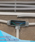 Four Pack 3/4 Inch Threaded T Type Conduit Body With Stamped Steel Cover And Die Cast Aluminum Junction Box installed with wires