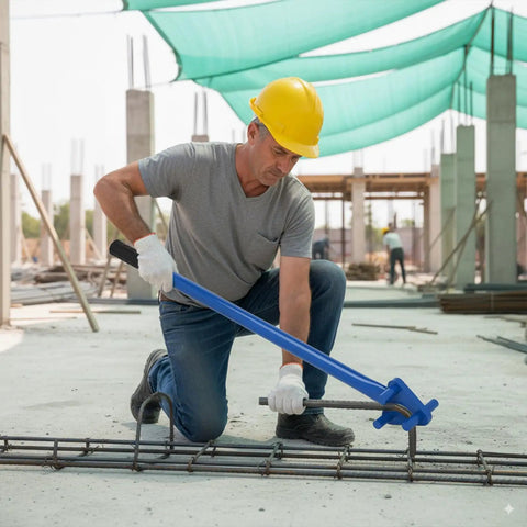 Heavy Duty Manual Rebar Bender Tool For Steel Rods Portable Hand Cranked Bending Machine Carbon Steel Construction in use on job site.