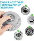 No Fuss Hair Drain Catcher For Tub And Shower Upgraded Silicone And Stainless Shield, hand placing on various drain types