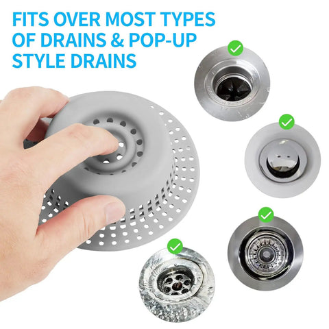 No Fuss Hair Drain Catcher For Tub And Shower Upgraded Silicone And Stainless Shield, hand placing on various drain types