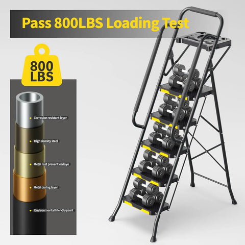 Sturdy 5 Step Steel Ladder With Anti Slip Wide Pedals Handrail And Safe Lock Design 800 Lb Capacity Folding Portable Step Stool