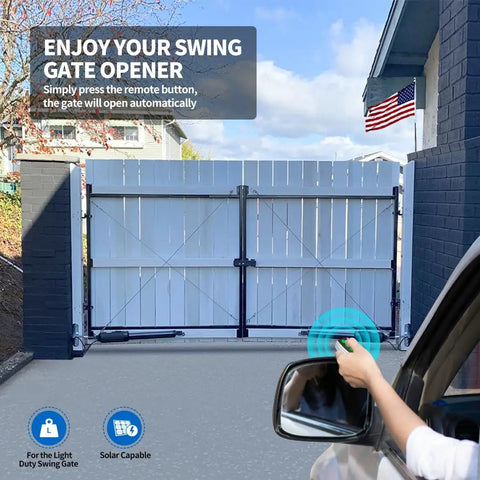 Dual Swing Gate Opener For Light Duty Gates Up To 12 Feet Per Arm Electric Driveway Gate Operator With Remote Control shown in use