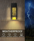 Weatherproof 2-Pack Dusk To Dawn Outdoor Wall Light Sconce Set with bubble glass in rain and lightning scene.
