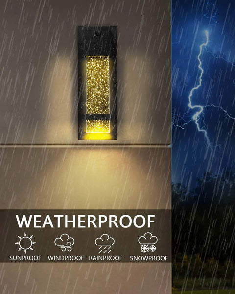 Weatherproof 2-Pack Dusk To Dawn Outdoor Wall Light Sconce Set with bubble glass in rain and lightning scene.