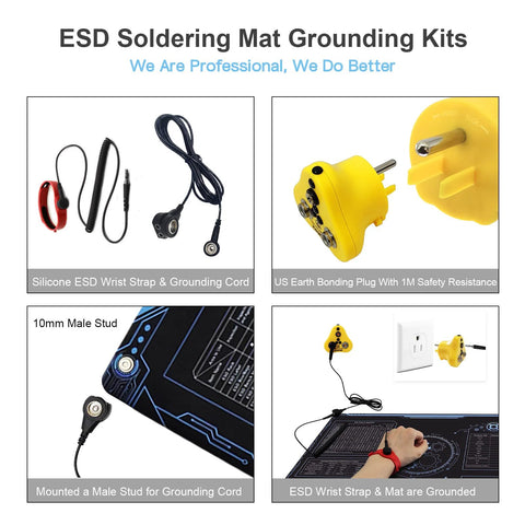 ESD rubber mat kit with grounding accessories including wrist strap, plug, and cord for safe electronics repair.