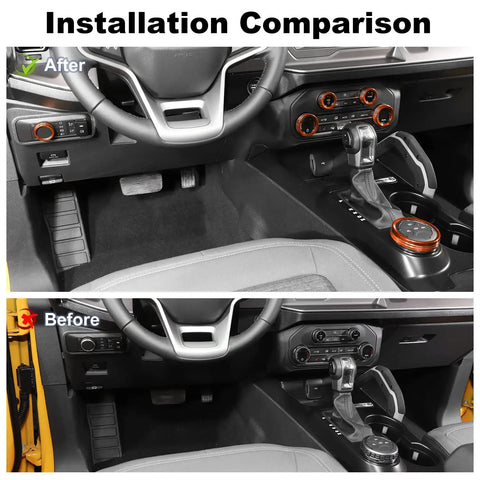 Installation comparison of Orange Aluminum Alloy 6 Piece Switch Knob Set for Ford Bronco 2021-2026 interior accessories.