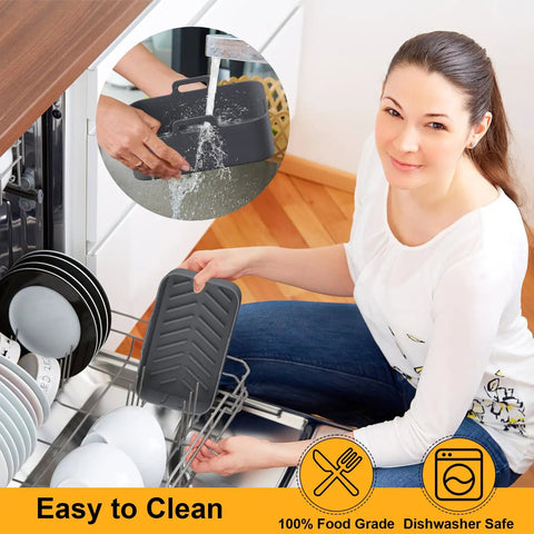 Person placing 2 Pack Air Fryer Silicone Pots For Foodi Dual DZ201 8Qt And DZ090 6Qt into dishwasher, showing easy cleaning