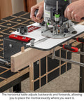 Mortising Jig For Plunge Router Easy To Cut Precise Mortises For Loose Tenon Joinery Portable Benchtop Tool Perfect For Furniture Cabinets Projects Great For Hobbyists And Pros USA Made MJ-24 shown in use with a plunge router on a workbench.