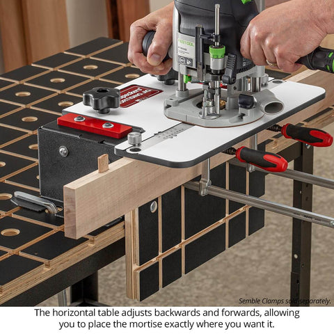 Mortising Jig For Plunge Router Easy To Cut Precise Mortises For Loose Tenon Joinery Portable Benchtop Tool Perfect For Furniture Cabinets Projects Great For Hobbyists And Pros USA Made MJ-24 shown in use with a plunge router on a workbench.