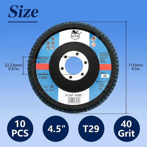 Flap discs, 10 pcs, 4.5-inch diameter, 40 grit T29 zirconia grinding discs for wood/metal, angle grinder, Amazon brand.