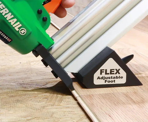 Slick 20 Gauge Pneumatic L Cleat Flooring Nailer Kit For Snapping Down Engineered And Hardwood Planks with adjust foot in action.