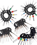 70 Piece Terminal Removal Tool Set With Pin Extractor for connector terminals, stainless steel tools arranged in rings.