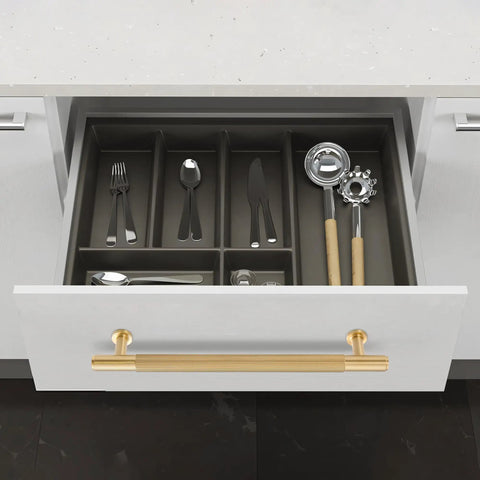 Top Shelf Solid Brass Cabinet Pulls Featuring Slick Brushed Gold Finish on a white drawer with cutlery organizers inside.