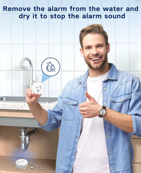 Man demonstrating Six Pack Water Leak Detectors With 100dB Alarm Battery Operated Water Sensor Alarms For Basements Bathrooms