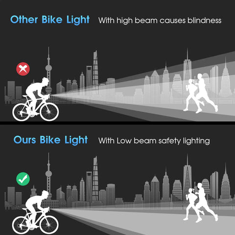 Comparison of bike lights showing high beam blindness vs low beam safety with Ultra Hella Bright USB Rechargeable Bike Light.