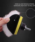Close-up of Dope 7 Piece Six Inch Wool Polishing Pad Kit with pad, hook-and-loop design, and drill adapter for car polishing.