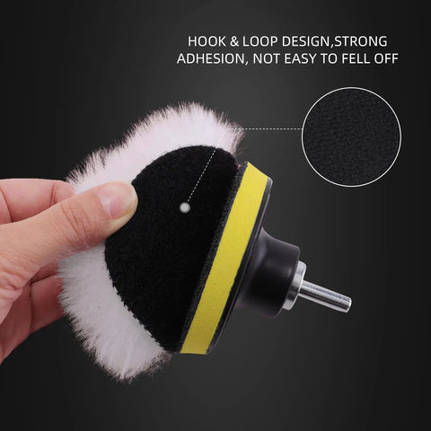 Close-up of Dope 7 Piece Six Inch Wool Polishing Pad Kit with pad, hook-and-loop design, and drill adapter for car polishing.