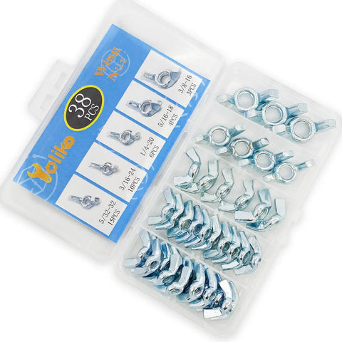 Wing Nut Kit 38 Pieces In 5 Sizes 5/32 3/16 1/4 5/16 3/8 Carbon Steel Zinc Plated Butterfly Fasteners in clear organizer