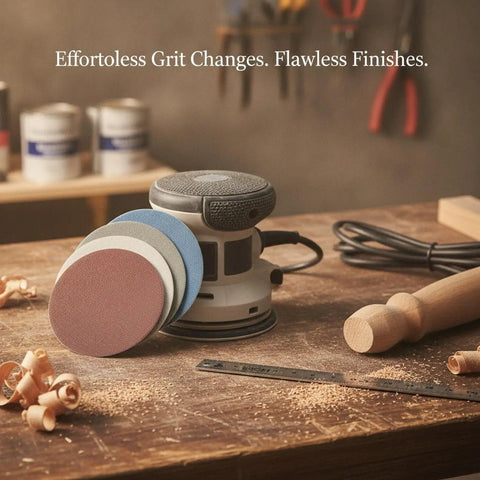 Heavy Duty Aluminum Oxide Sanding Discs With Flexible Backing For Tough Cutting And Smooth Finishes On Wood Metal Or Paint That Resist Tearing And Conform Perfectly To Weird Shapes Without Gunking Up Your Drill Today near a power sander with multiple grit discs.
