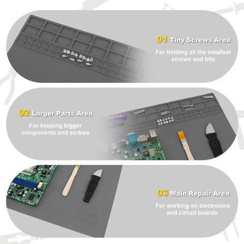 Close-up of Extra Large 23.7x13.8 Inch Soldering Mat With ESD Wrist Strap Kit sections for screws and electronics repair.