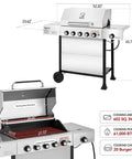 Five Burner Propane Gas Grill With Side Burner In Stainless Steel For Patio And Backyard 61,000 BTU Total Output 602 Sq In Cooking Space 476 Primary 126 Warming Rack Perfect For Family Cookouts And Weekend Grilling.