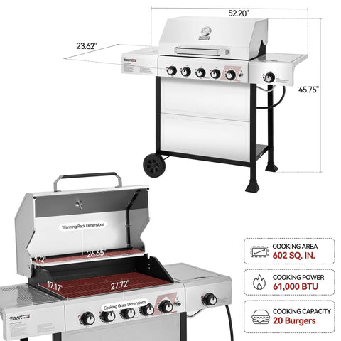 Five Burner Propane Gas Grill With Side Burner In Stainless Steel For Patio And Backyard 61,000 BTU Total Output 602 Sq In Cooking Space 476 Primary 126 Warming Rack Perfect For Family Cookouts And Weekend Grilling.