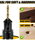 14 Piece Countersink Drill Bit Set With HSS Titanium Coated Bits For Woodworking shown with examples on soft and hardwood surfaces