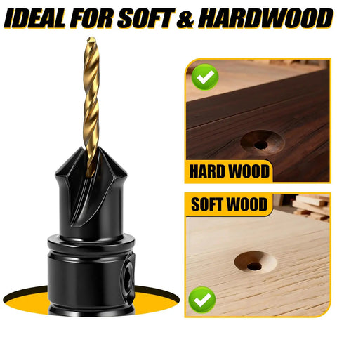 14 Piece Countersink Drill Bit Set With HSS Titanium Coated Bits For Woodworking shown with examples on soft and hardwood surfaces