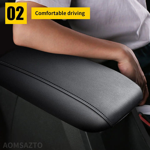 Custom Fit Armrest Cover For Hyundai Sonata 2015 2019 Black Console Pad with memory foam cushion in use, side view.