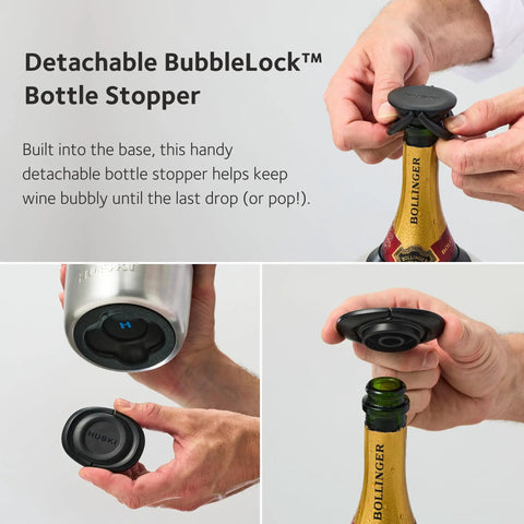 Ultra Efficient Iceless Champagne Chiller With Detachable Stopper Keeps Wine Cold Up To 6 Hours, featuring BubbleLock™ stopper close-up