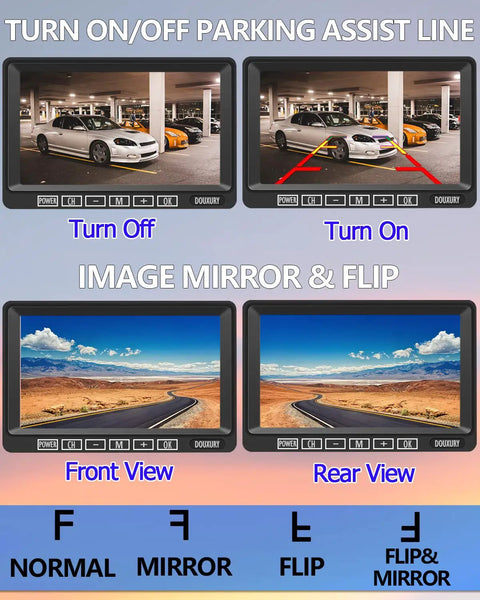 Demonstration of Wireless 1080P RV Backup Camera System With Dual Antennas, 4 Channel 7 Inch Monitor showing parking assist, mirror options
