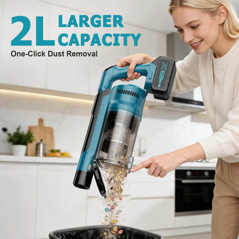 Woman using Powerful 700W Brushless Cordless Vacuum Cleaner With 60KPa Suction, 6 In 1 Stick Vacuum in kitchen for easy cleanup